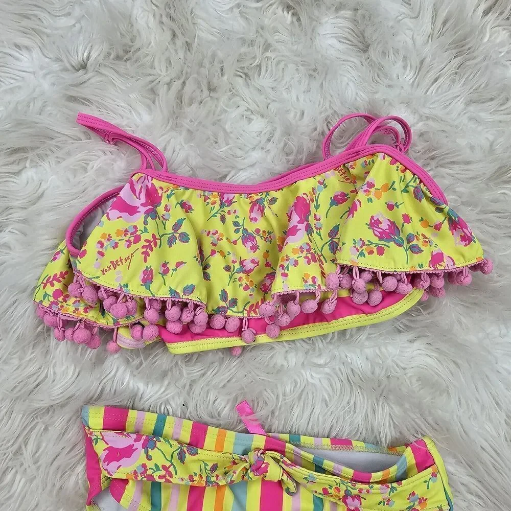 Betsey Johnson | Yellow Floral Stripe Ruffle Pom-Pom Bow BikiniGirls Size 10
